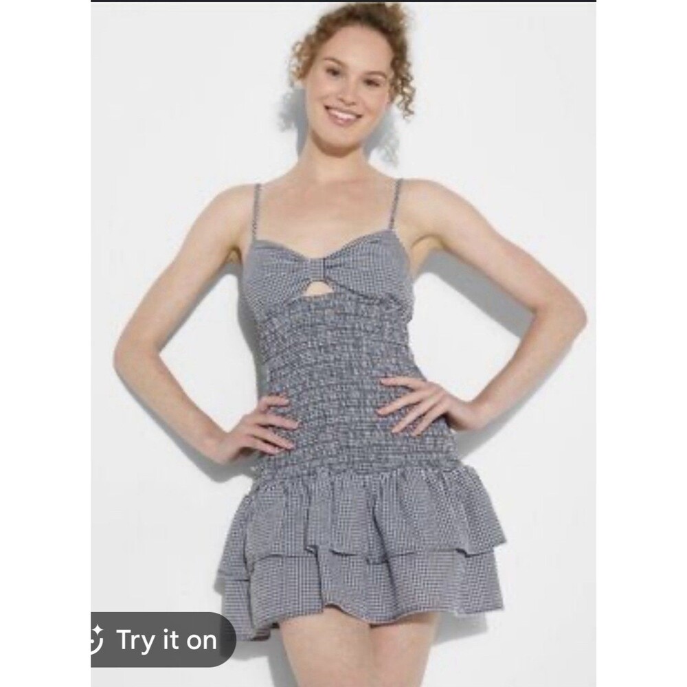 Women’s Smocked Mini Skater Dress Light Gray Checkered Medium Wild Fable - Picture 1 of 9